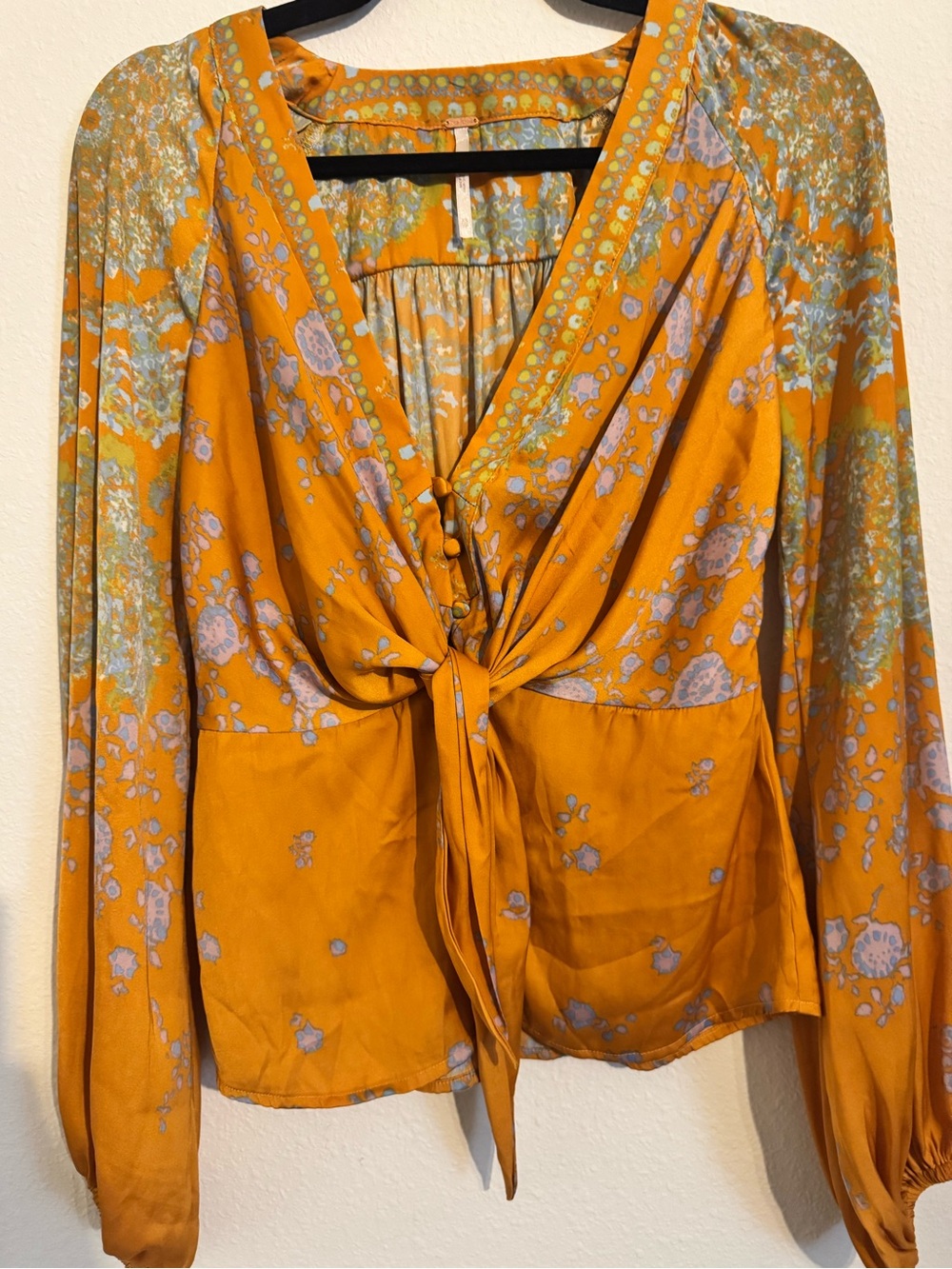 Free People Mustard Yellow Floral Tie-Front Blouse